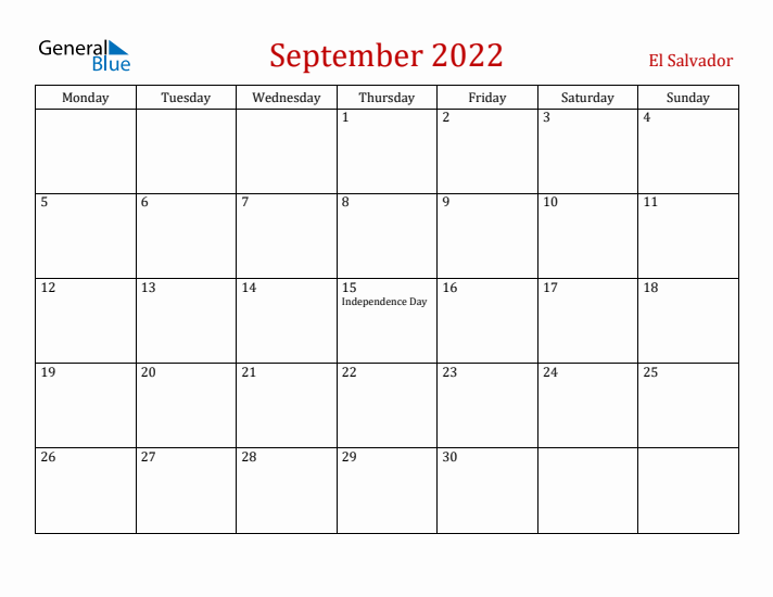 El Salvador September 2022 Calendar - Monday Start