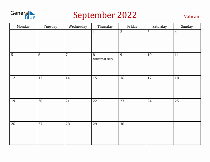 Vatican September 2022 Calendar - Monday Start