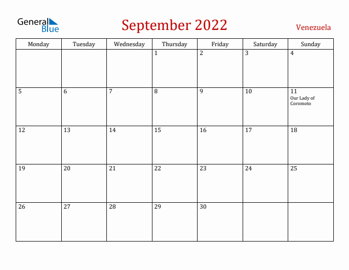 Venezuela September 2022 Calendar - Monday Start