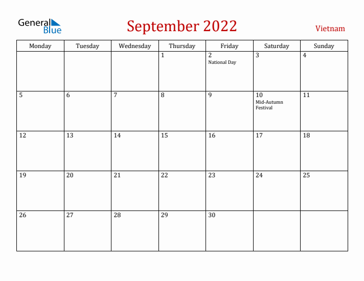 Vietnam September 2022 Calendar - Monday Start