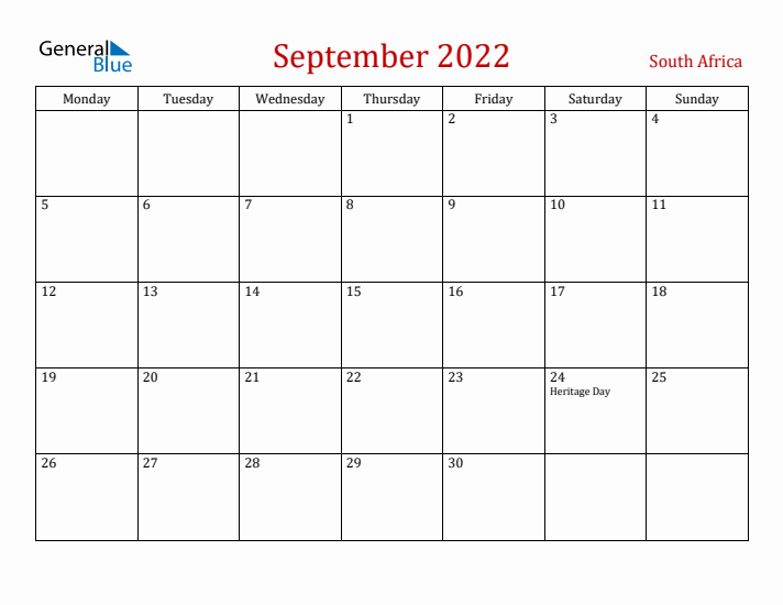 South Africa September 2022 Calendar - Monday Start