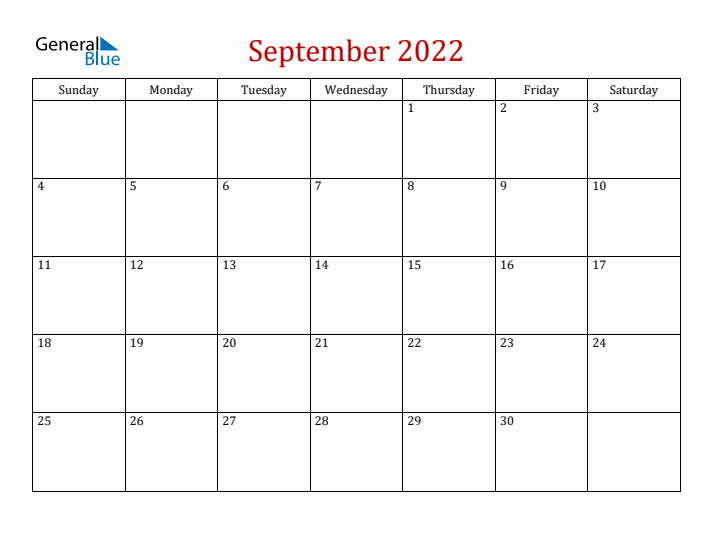 Blank September 2022 Calendar with Sunday Start