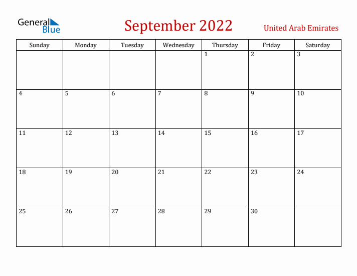 United Arab Emirates September 2022 Calendar - Sunday Start