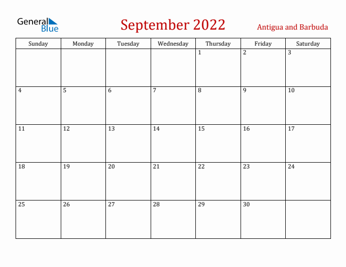 Antigua and Barbuda September 2022 Calendar - Sunday Start