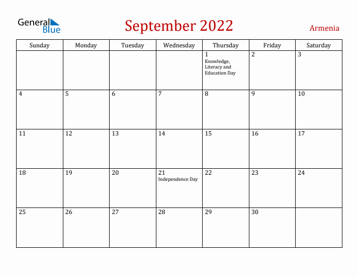 Armenia September 2022 Calendar - Sunday Start