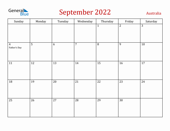 Australia September 2022 Calendar - Sunday Start