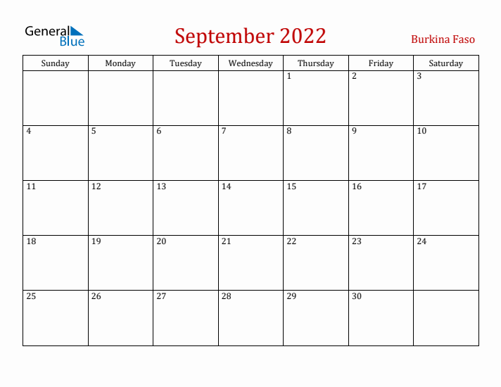 Burkina Faso September 2022 Calendar - Sunday Start