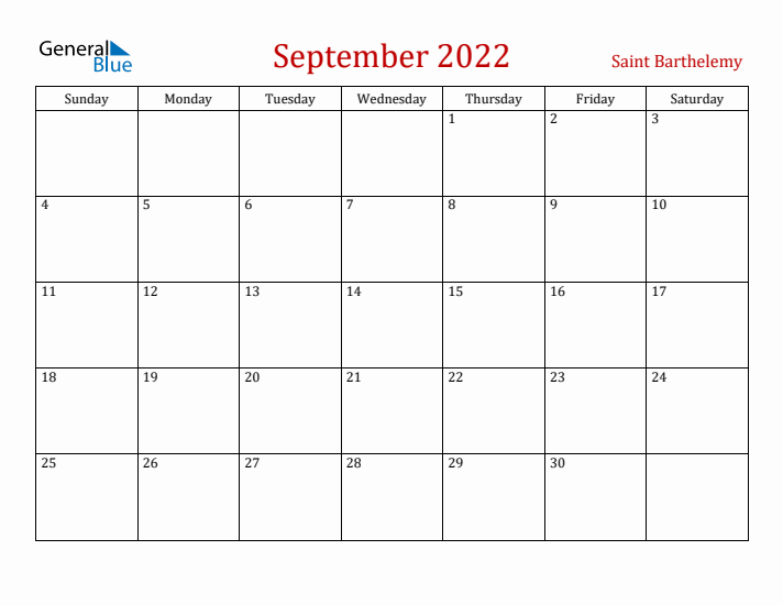 Saint Barthelemy September 2022 Calendar - Sunday Start