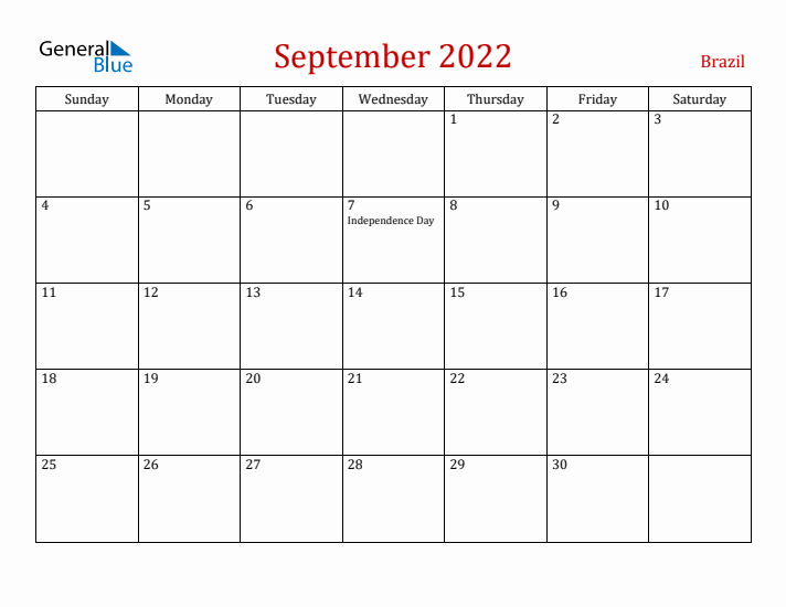 Brazil September 2022 Calendar - Sunday Start