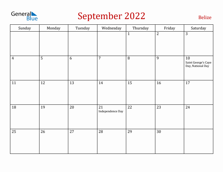 Belize September 2022 Calendar - Sunday Start