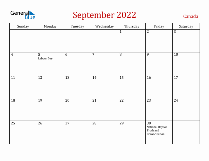 Canada September 2022 Calendar - Sunday Start