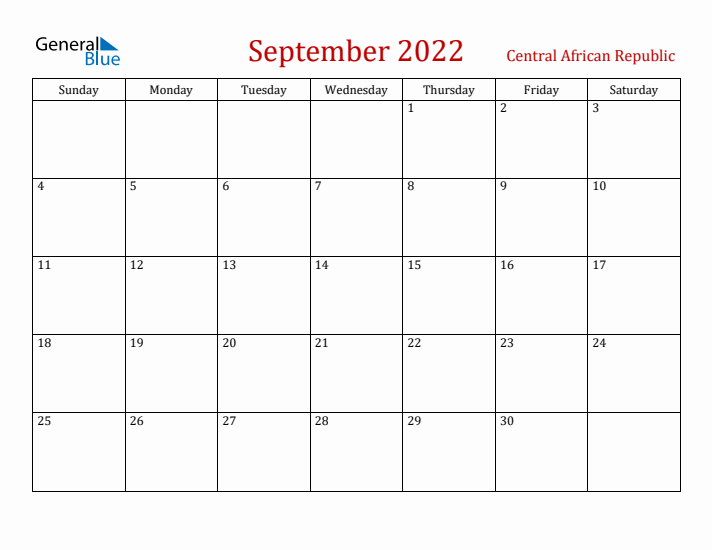 Central African Republic September 2022 Calendar - Sunday Start