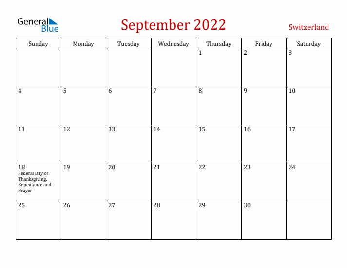 Switzerland September 2022 Calendar - Sunday Start