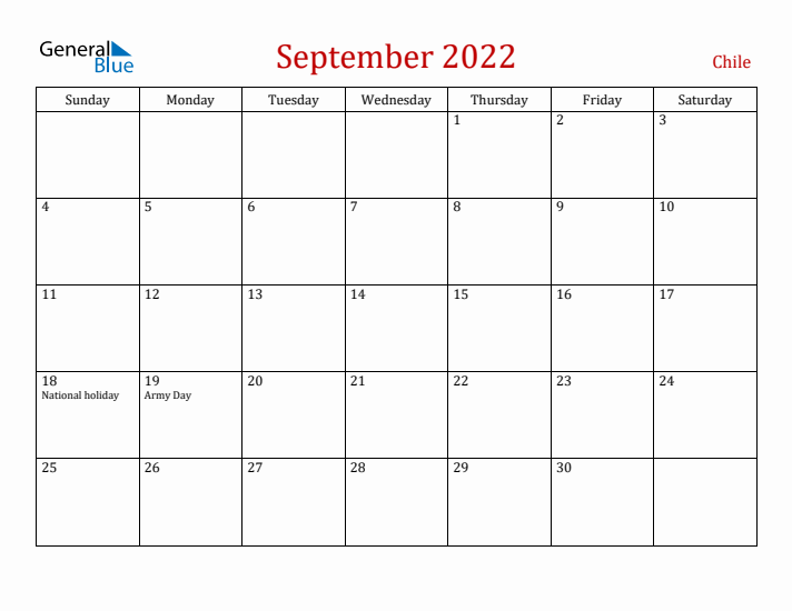 Chile September 2022 Calendar - Sunday Start