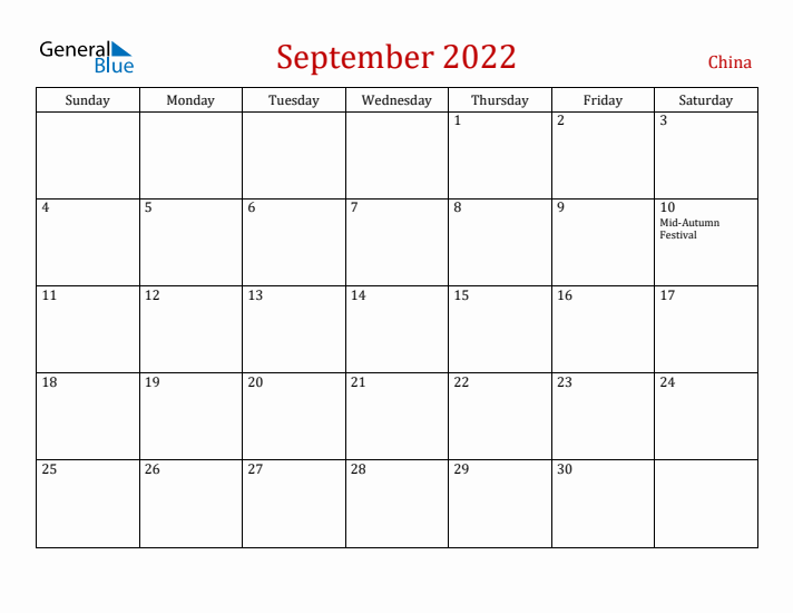 China September 2022 Calendar - Sunday Start