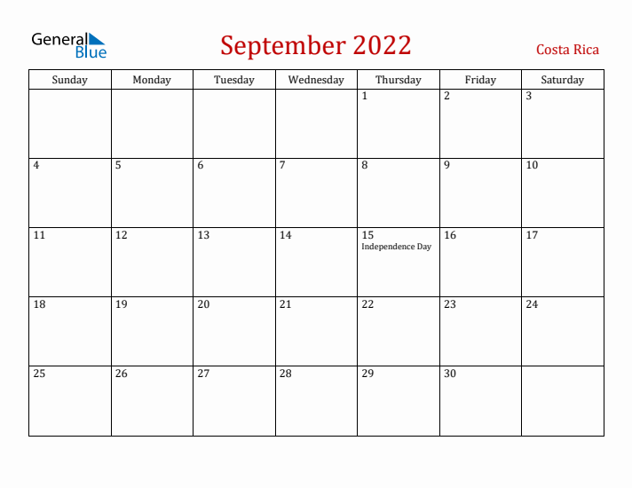 Costa Rica September 2022 Calendar - Sunday Start