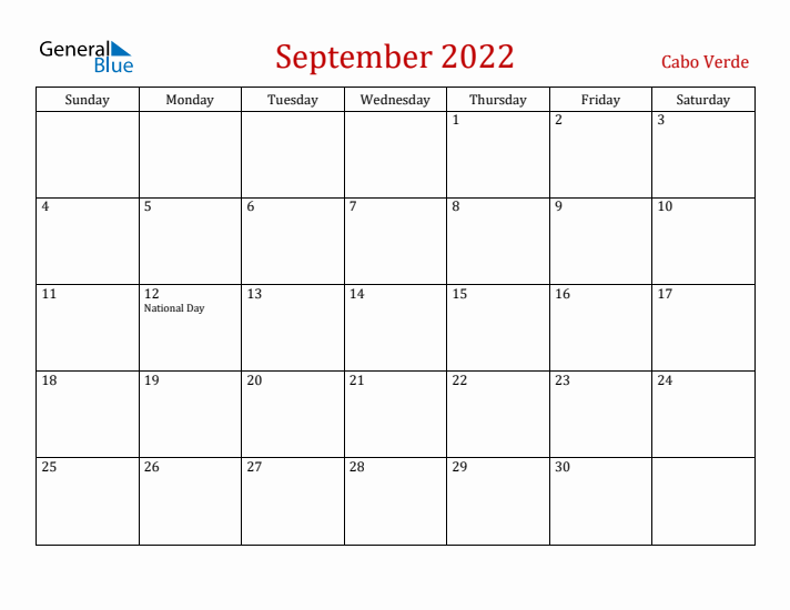 Cabo Verde September 2022 Calendar - Sunday Start