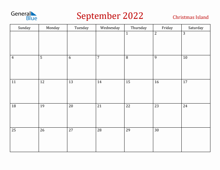 Christmas Island September 2022 Calendar - Sunday Start