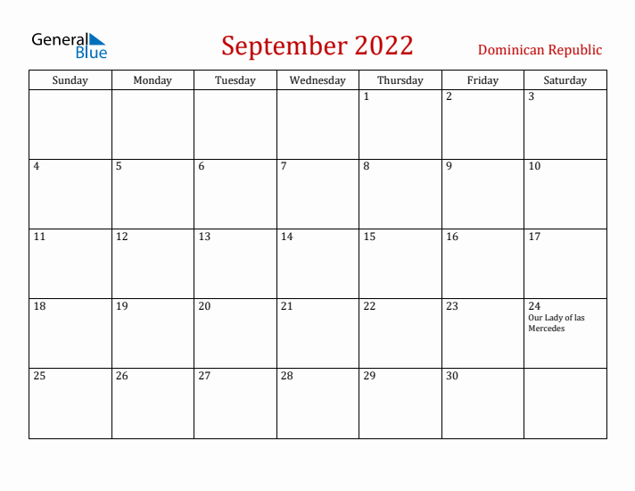 Dominican Republic September 2022 Calendar - Sunday Start