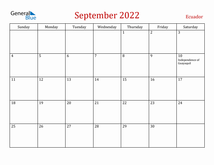 Ecuador September 2022 Calendar - Sunday Start