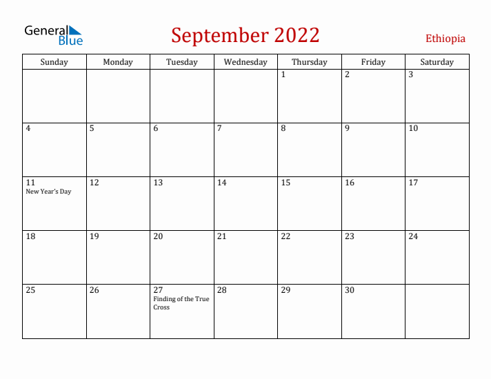 Ethiopia September 2022 Calendar - Sunday Start