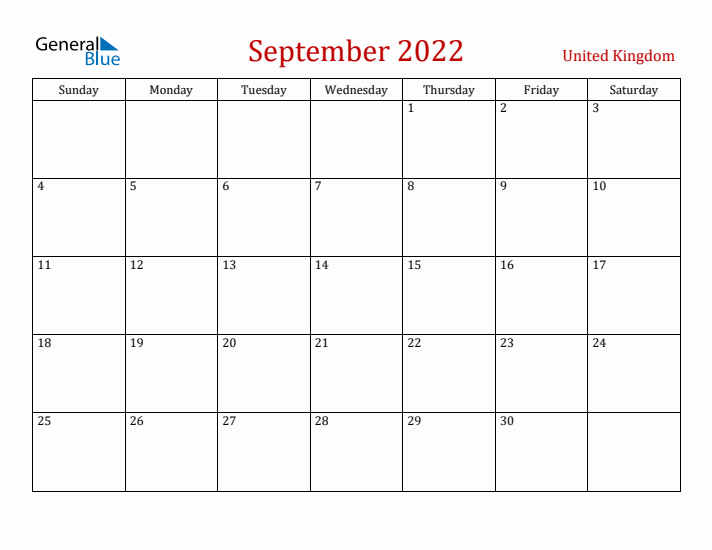 United Kingdom September 2022 Calendar - Sunday Start