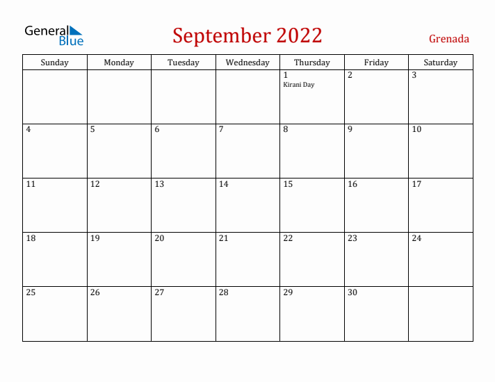 Grenada September 2022 Calendar - Sunday Start