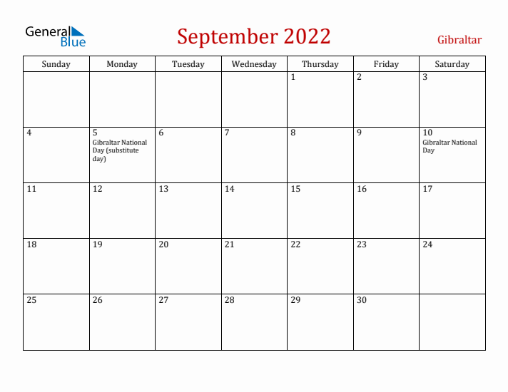 Gibraltar September 2022 Calendar - Sunday Start