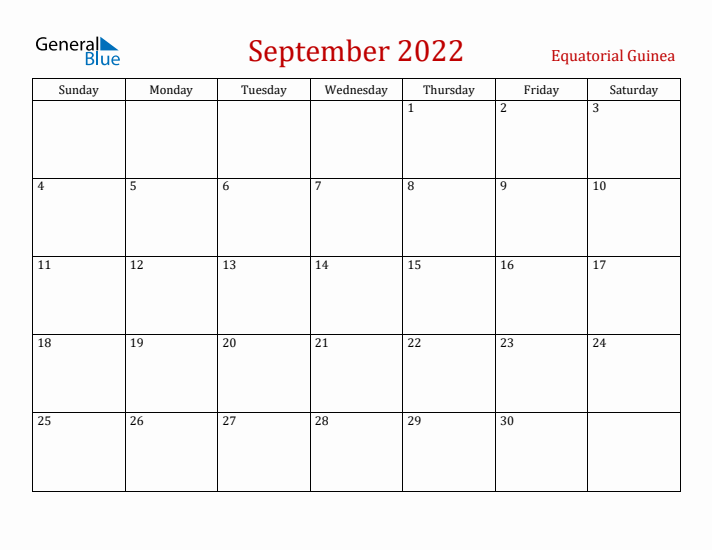 Equatorial Guinea September 2022 Calendar - Sunday Start