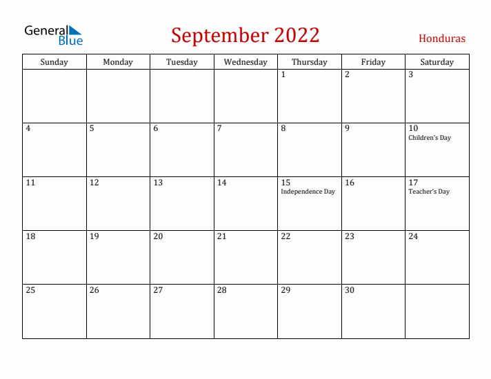 Honduras September 2022 Calendar - Sunday Start