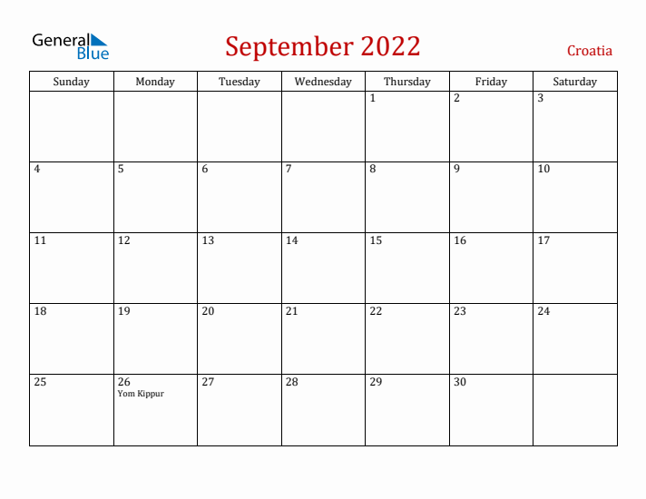 Croatia September 2022 Calendar - Sunday Start