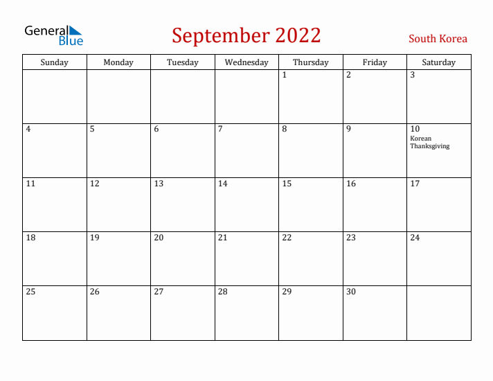South Korea September 2022 Calendar - Sunday Start