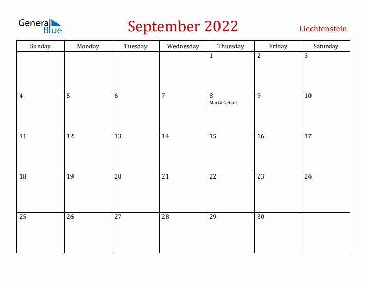 Liechtenstein September 2022 Calendar - Sunday Start