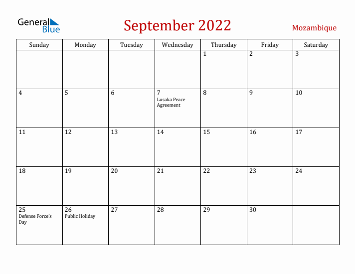 Mozambique September 2022 Calendar - Sunday Start