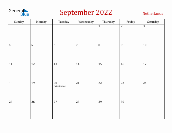 The Netherlands September 2022 Calendar - Sunday Start