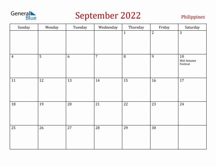 Philippines September 2022 Calendar - Sunday Start