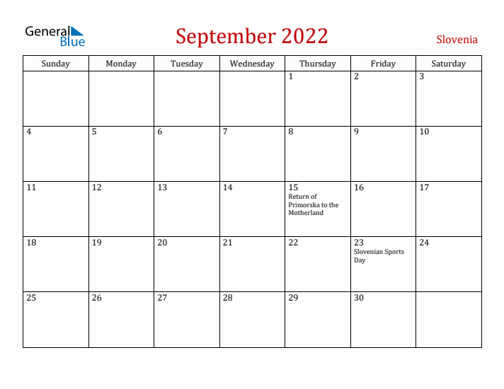 Slovenia September 2022 Calendar - Sunday Start