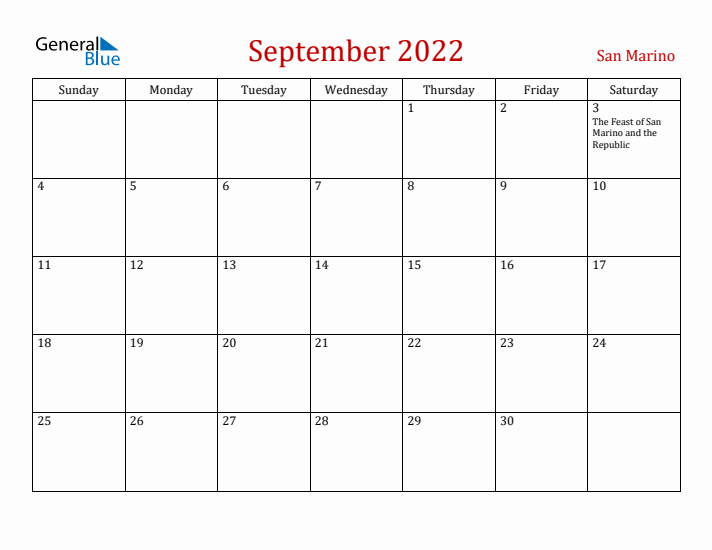 San Marino September 2022 Calendar - Sunday Start