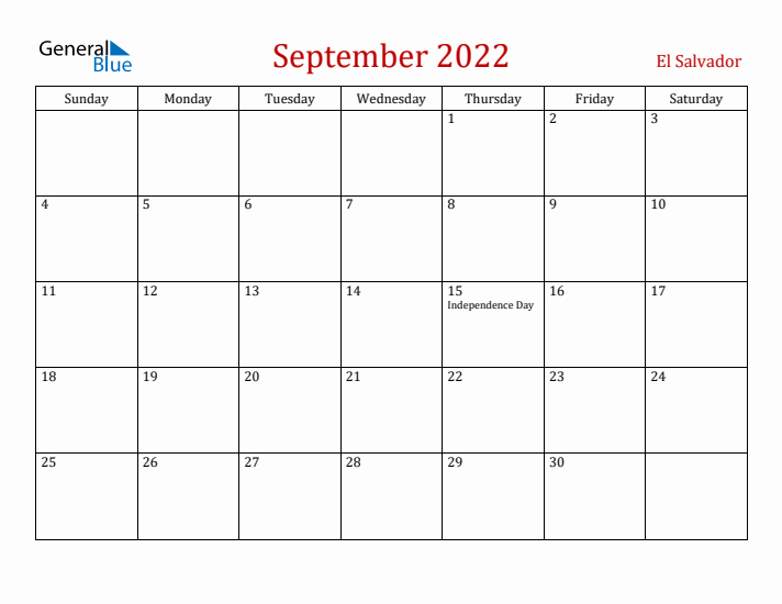 El Salvador September 2022 Calendar - Sunday Start