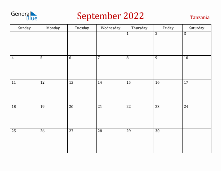 Tanzania September 2022 Calendar - Sunday Start