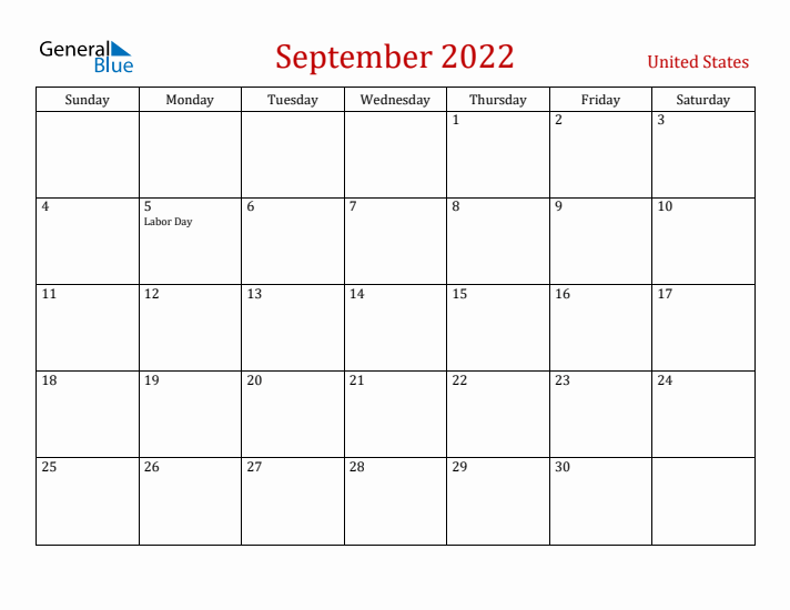 United States September 2022 Calendar - Sunday Start