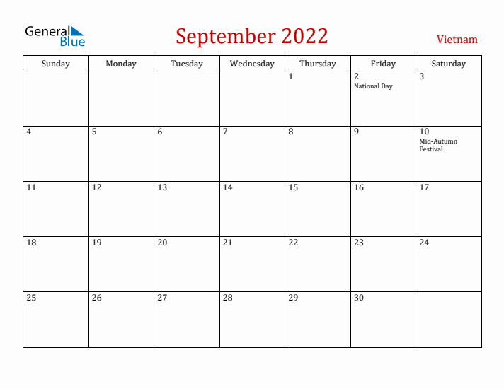 Vietnam September 2022 Calendar - Sunday Start