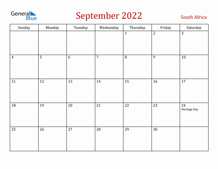 South Africa September 2022 Calendar - Sunday Start