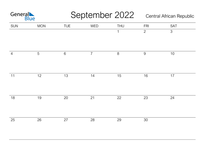 Printable September 2022 Calendar for Central African Republic