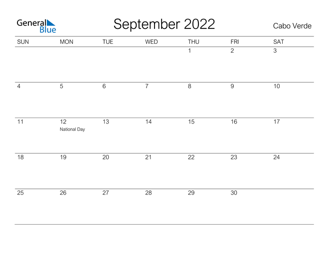 Printable September 2022 Calendar for Cabo Verde