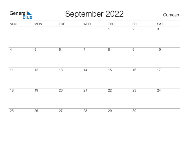 Printable September 2022 Calendar for Curacao