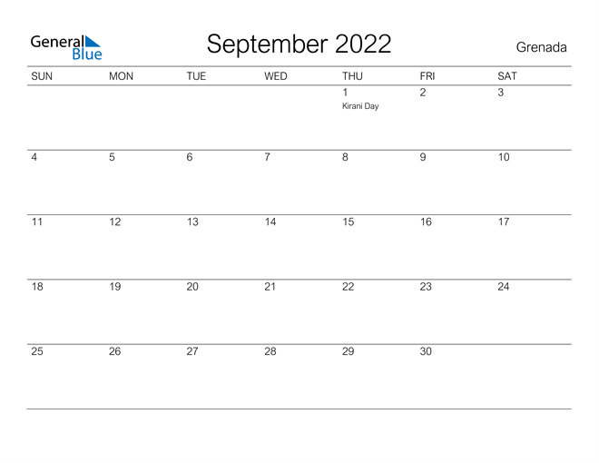 Printable September 2022 Calendar for Grenada