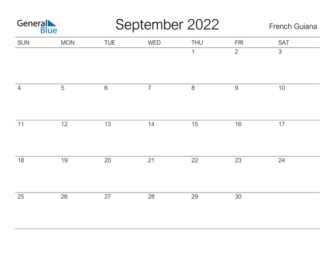 Printable September 2022 Calendar for French Guiana