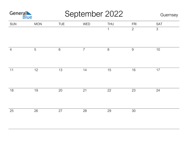 Printable September 2022 Calendar for Guernsey