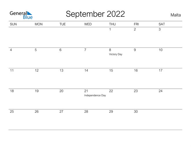 Printable September 2022 Calendar for Malta